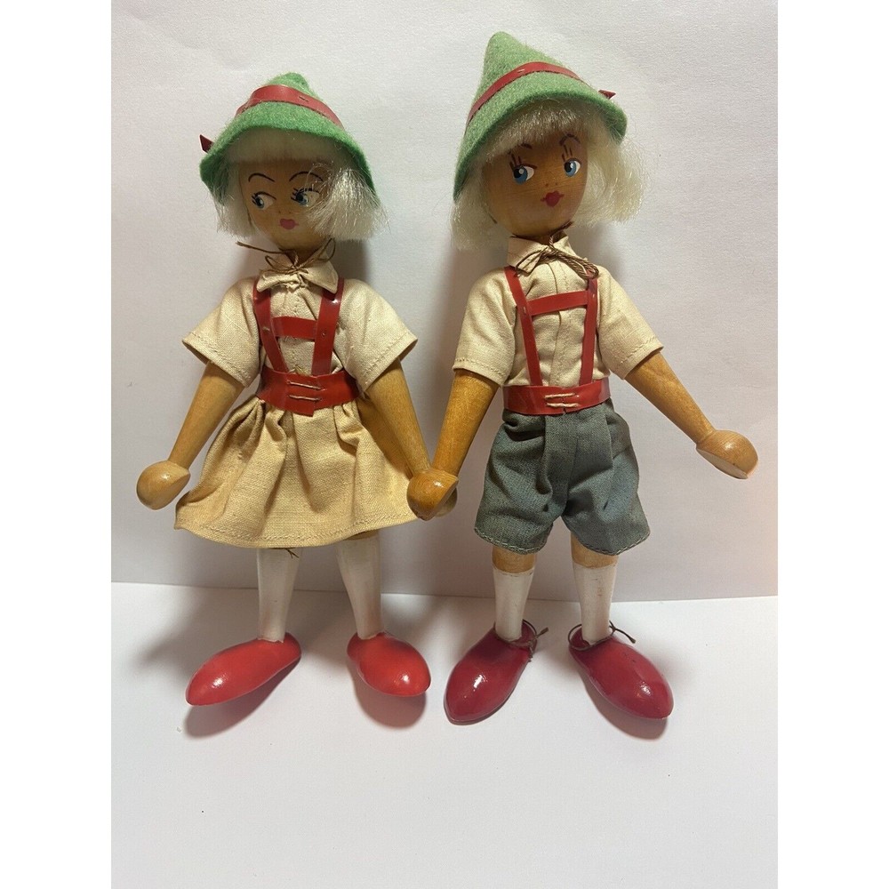 2 Vintage 1971 Polish Wooden Boy Girl Peg Dolls Old Clothing Hand Painted SIGNED
